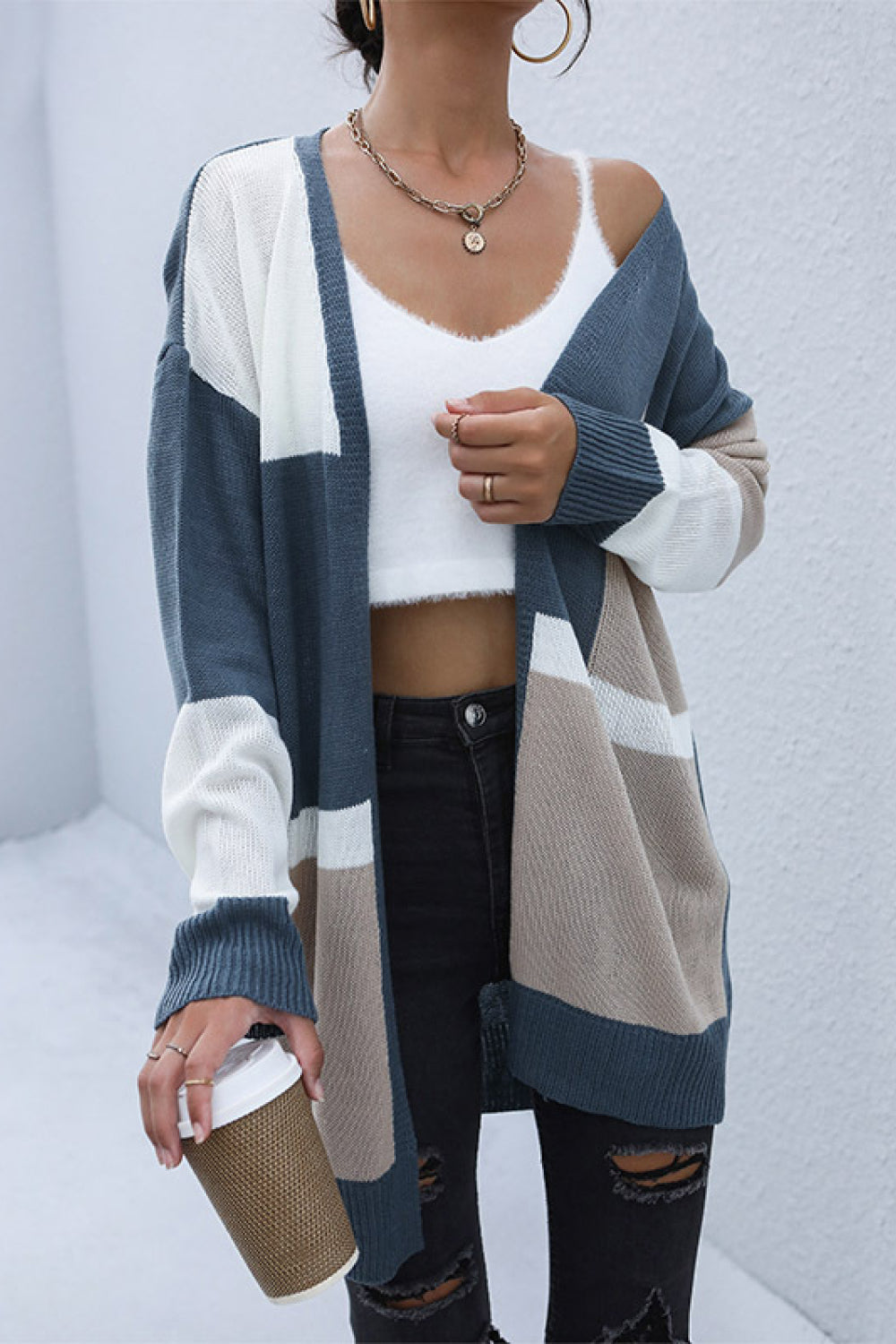 color block open front dropped shoulder cardigan