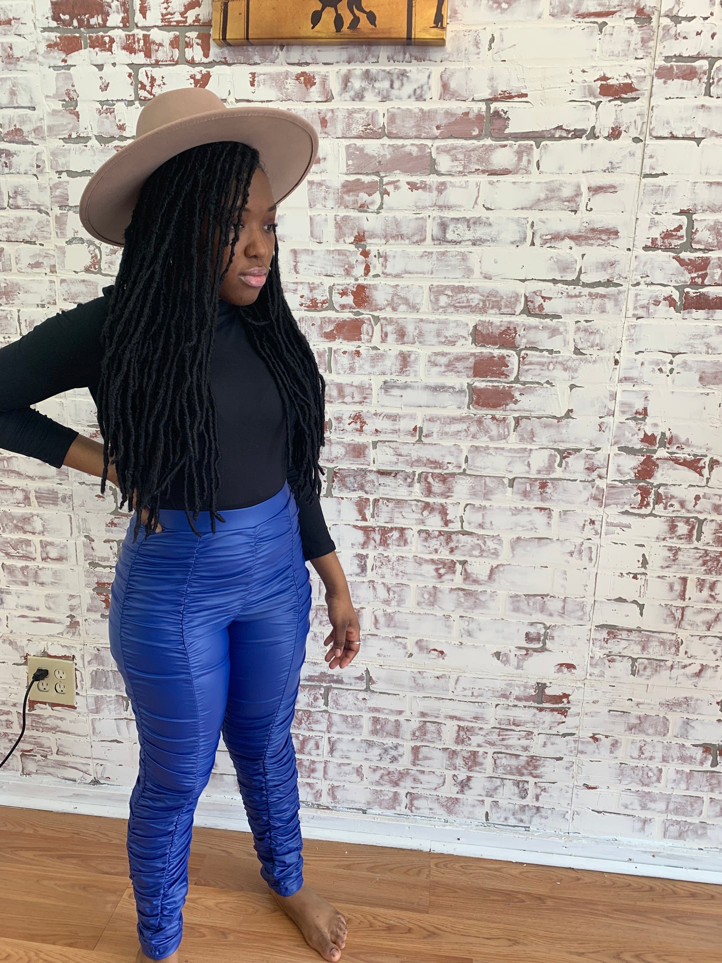 blue vegan leather high waisted leggings