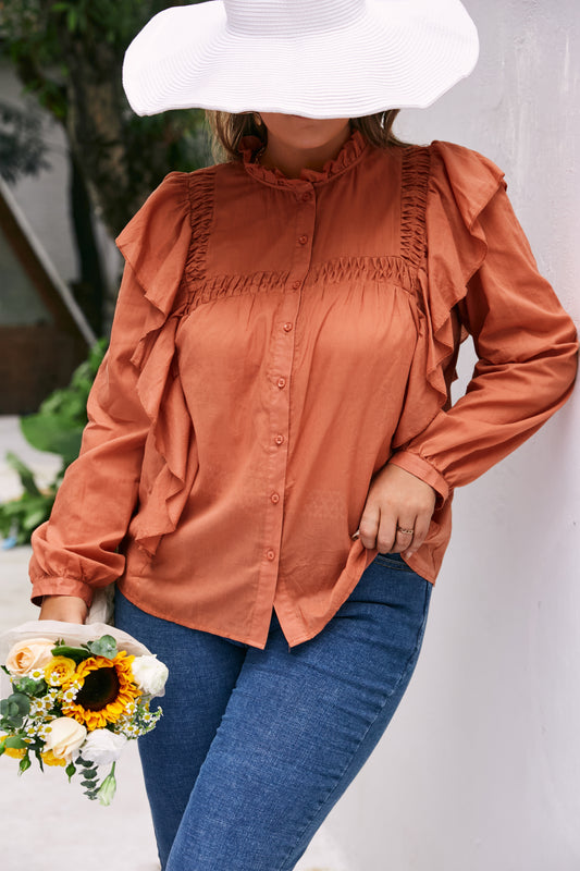 Plus Size Ruffle Trim Button Down Blouse